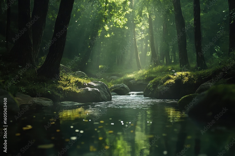 Poster timelapse of a wild stream flowing through a serene forest at dawn, timelapse of a wild stream in a 