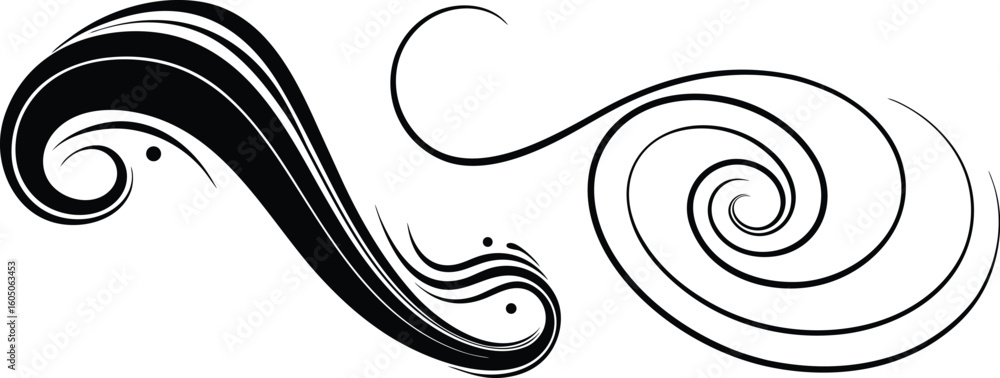 Poster vector art of elegant black and white swirl design with a curled flourish and a spiral pattern isola