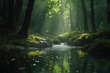 Fototapeta premium Timelapse of a wild stream flowing through a serene forest at dawn, timelapse of a wild stream in a forest