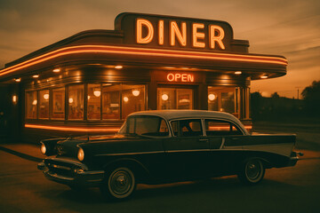 Classic american diner with vintage car and neon lights at dusk
