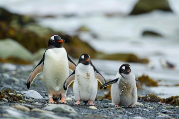 a penguin family walking in snow, adorable baby penguins with parents in Antarctica, realistic wildlife photography 