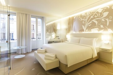 Fototapeta premium Stylish hotel room with elegant decor and neatly arranged towels at a luxurious location