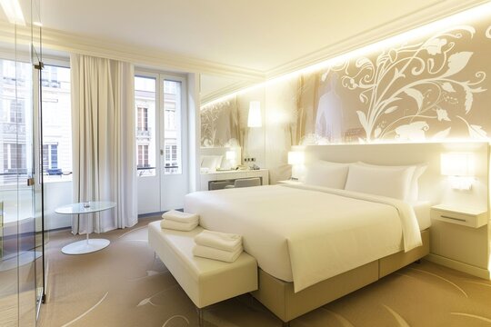 Stylish hotel room with elegant decor and neatly arranged towels at a luxurious location