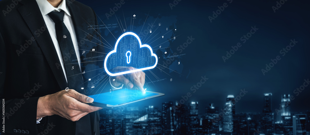 Poster cloud computing enables digital growth with secure data storage, scalable infrastructure, and strate