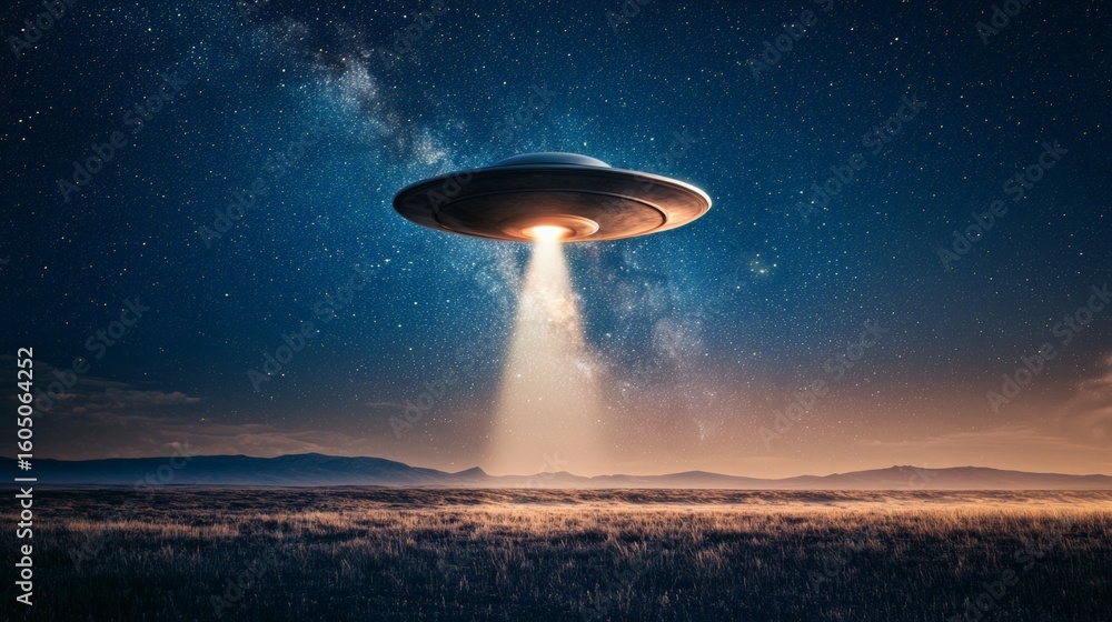 Poster large unidentified flying object hovering over a field at night, illuminating the ground with a brig