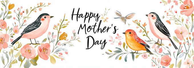 Fototapeta premium Happy Mother's Day greeting card, pastel floral arrangement with birds on a white background, watercolor textures