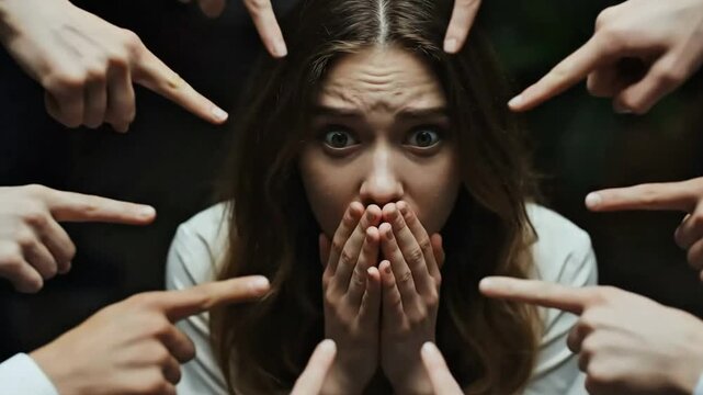 A young woman with wide fearful eyes and her hands covering her mouth looks directly at the camera in a dimly lit environment conveying a sense of shock and terror