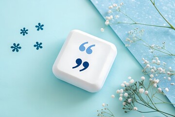 A quote mark button with babys breath flowers on blue background