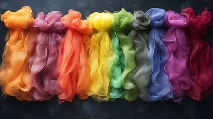 Colorful flowing fabrics in a spectrum of rainbow hues