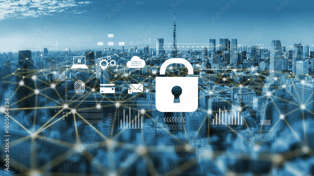 Poster digital cyber security lock system highlighting data security encryption, cyber password protection,