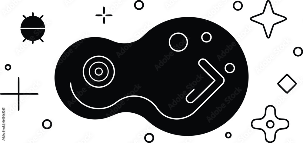 Poster vector art of abstract black blob with white geometric shapes and a buglike figure isolated on trans