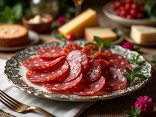 Aufwendig angerichtete Salamischeiben auf verziertem Teller mit Käse und Beilagen im Hintergrund