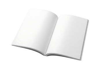 Open book or magazine with blank white pages. Mockup for education or design. Isolated on transparent background, png