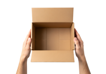 Hands holding an empty open brown cardboard box. Top view delivery concept. Isolated on transparent background, png
