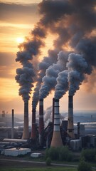Smoke billows from factory chimneys against a colorful sunset, depicting industrial pollution.