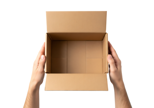 Hands holding an empty open brown cardboard box. Top view delivery concept. Isolated on transparent background, png