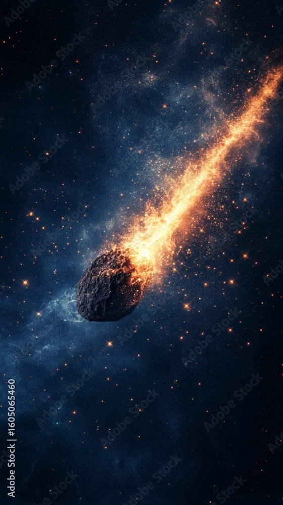 Poster large asteroid burning and entering planet's atmosphere creating a trail of fire and debris, cosmic 