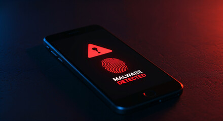 Mobile phone screen displaying a stark warning sign Malware Detected with a glowing red fingerprint lock, set against a dark, high-tech background, digital concept of mobile security, ultra realistic