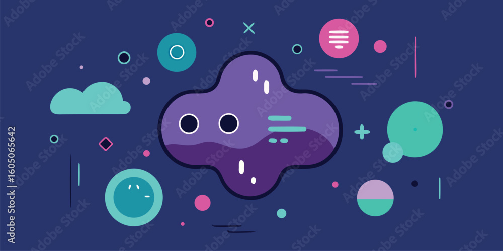 Poster vector art of a vibrant abstract illustration featuring a purple blob with eyes surrounded by colorf