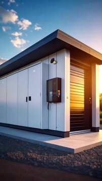 Exterior view of a modern electrical substation with metallic siding, black door, and utility box under a blue sunny sky.