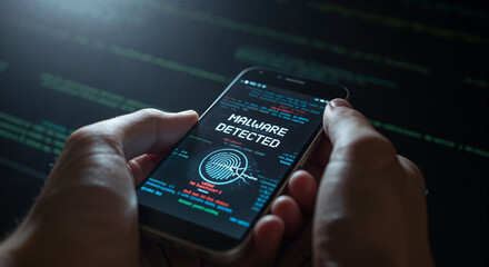 Mobile phone screen displaying a 'Malware Detected' message in a pixelated font, accompanied by a broken fingerprint lock symbol, digital concept of mobile security