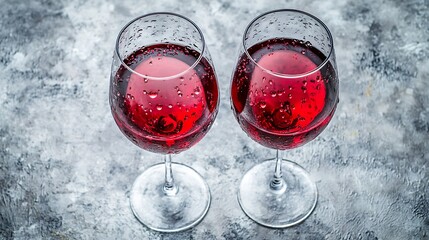 Two glasses of red wine on a textured surface