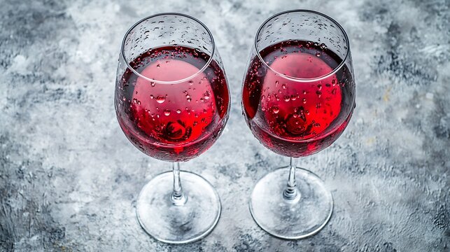 Two glasses of red wine on a textured surface