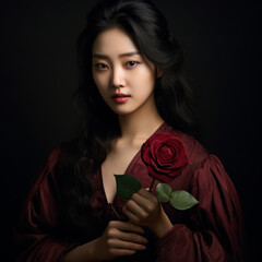 Elegant portrait of a woman holding a red rose with flowing dark hair against a dramatic dark background