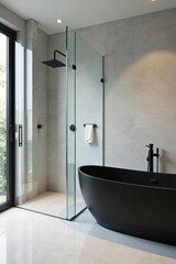 Matte black freestanding bath, sleek shower enclosure, acrylic, modern design, design