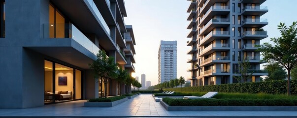 Modern apartment complex, sleek architecture, urban setting, real estate, balcony, steel