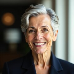 Elegant older model with gray hair, bright smile, glowing skin , photo, portrait, image