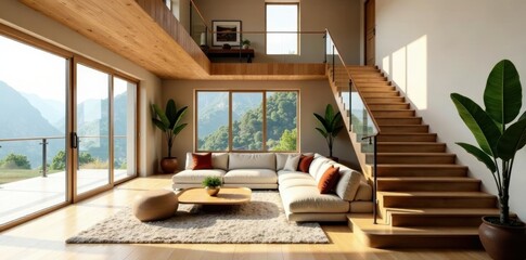 Expansive living area, curving wooden staircase , flowing, home, rail