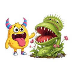 Fototapeta premium 3d illustration of a friendly yellow monster stands next to a large green venus flytrap with its mouth open isolated on transparent background
