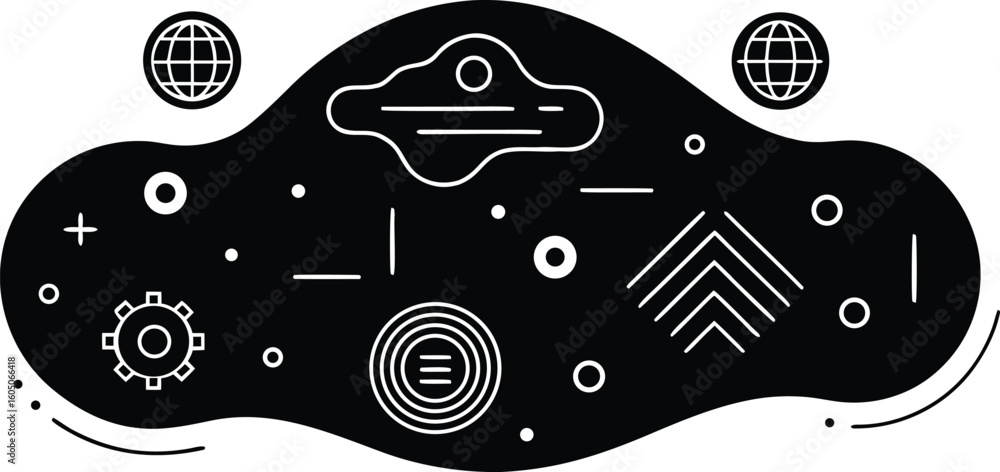 Fototapete Vector art of abstract black and white graphic design with various shapes and icons including globes and gears isolated on transparent background.