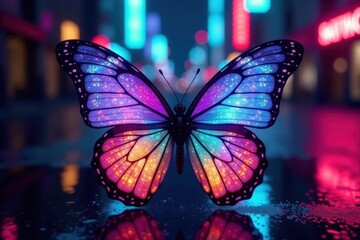 Holographic butterfly, iridescent wings, neon city backdrop , graphic, neon, abstract