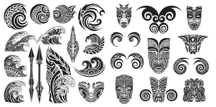 Collection of tribal polynesian maori inspired tattoo designs featuring masks spears and swirling patterns in black and white