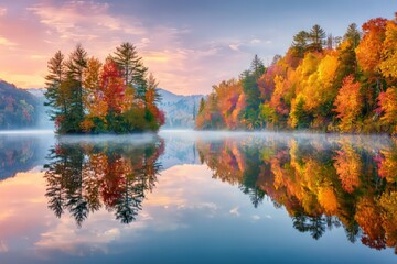 Autumn Colors Reflect On Calm Lake At Sunrise