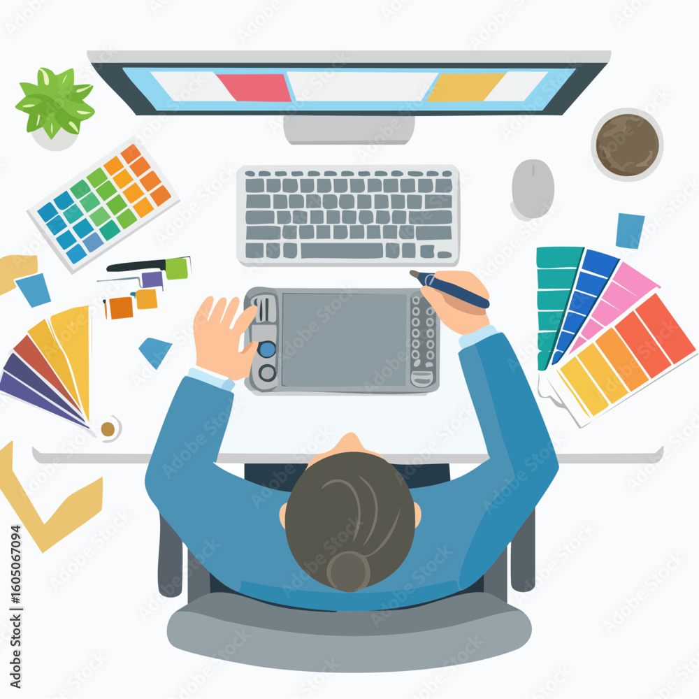 Poster overhead view of a designers workspace with color palettes and tools