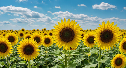 Obraz premium Bright and vibrant photo of a large sunflower field in full bloom under a blue sky, summer landscape, no people. 