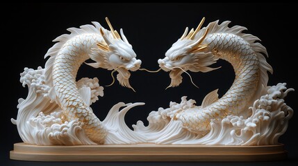 Two majestic, white dragons, gold accents,  in a swirling,  water-like base