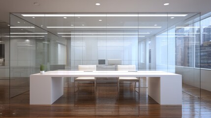 Fototapeta premium Modern, minimalist office space with glass partitions and a white conference table.