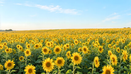 Bright and vibrant photo of a large sunflower field in full bloom under a blue sky, summer landscape, no people.
