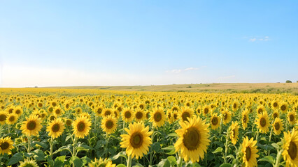 Obraz premium Bright and vibrant photo of a large sunflower field in full bloom under a blue sky, summer landscape, no people. 