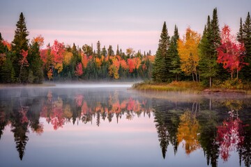 Fototapeta premium Autumn Colors Reflecting On Calm Lake
