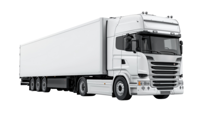White semi trailer truck with a large cargo box isolated on a transparent background lorry