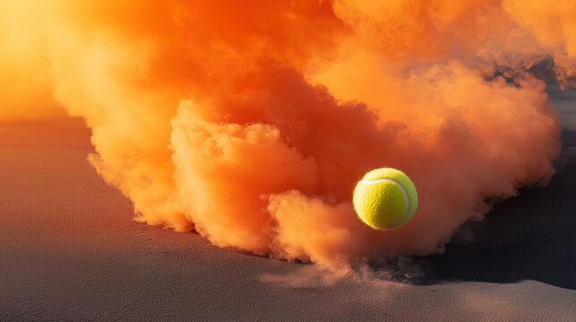 Bright yellow tennis ball soaring through vibrant orange smoke on the court during an energetic sports moment
