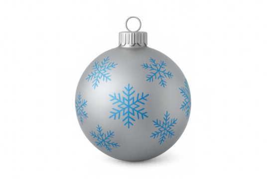Silver christmas ball with blue snowflakes hanging on transparent background, perfect for christmas projects