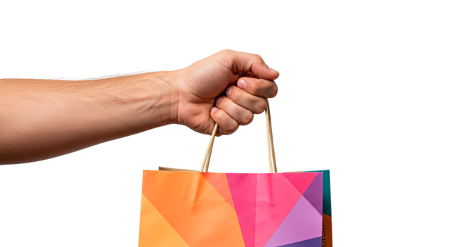 Hand holding colorful shopping bag after retail purchase for online store product advertisement image