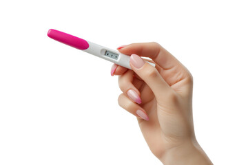 Woman's hand holding a pink and white digital pregnancy test isolated on a transparent background female