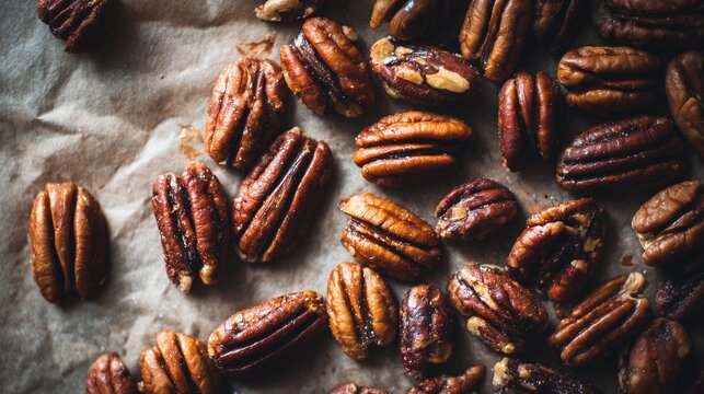 Delightful Flat Lay of Toasted Baked Pecans on Parchment Paper